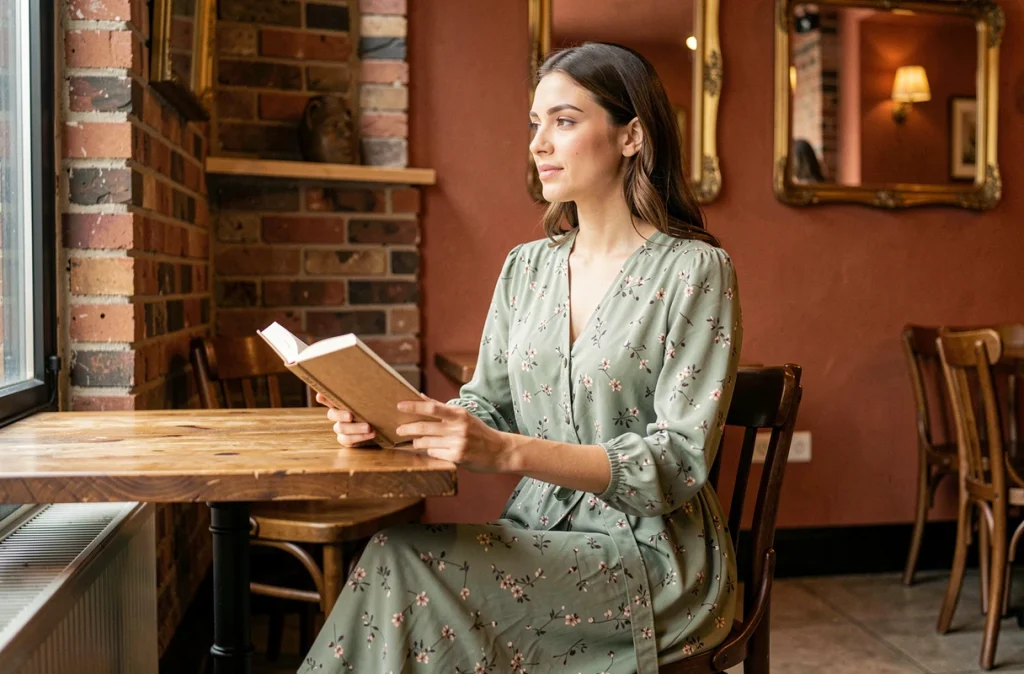 Jeune femme en robe maxi élégante et couverte assise dans un café vintage, style vestimentaire pudique