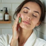 Femme appliquant un rouleau jade sur sa peau naturelle dans une salle de bain minimaliste, illustrant la routine beauté skinimaliste