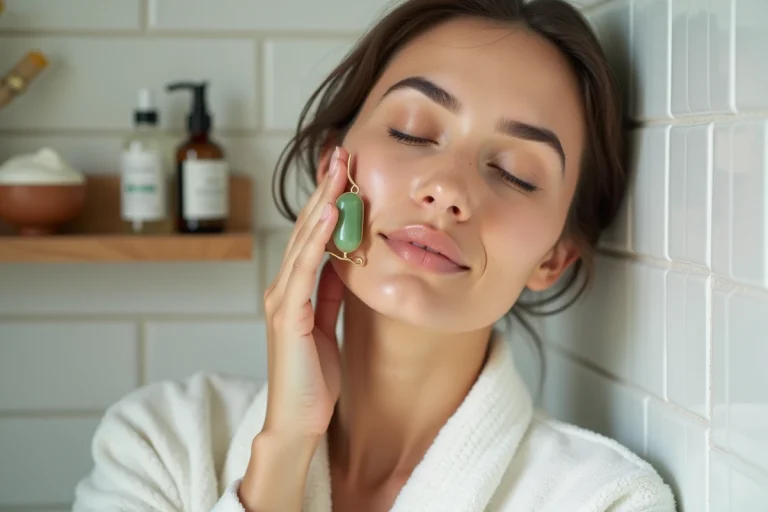 Femme appliquant un rouleau jade sur sa peau naturelle dans une salle de bain minimaliste, illustrant la routine beauté skinimaliste