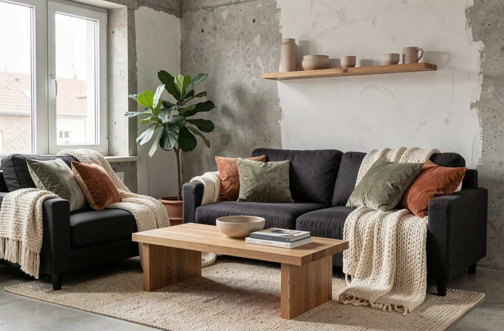 Salon scandinave moderne avec canapé en lin gris, plaid en laine, plante verte et étagères en bois, décoré dans un esprit cocon chaleureux