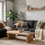 Salon scandinave moderne avec canapé en lin gris, plaid en laine, plante verte et étagères en bois, décoré dans un esprit cocon chaleureux