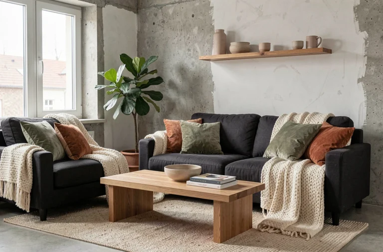 Salon scandinave moderne avec canapé en lin gris, plaid en laine, plante verte et étagères en bois, décoré dans un esprit cocon chaleureux