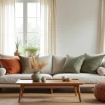 Salon scandinave décoré avec un canapé en lin, des coussins terracotta et sauge, une table basse en noyer et un vase en céramique avec herbes de la pampa