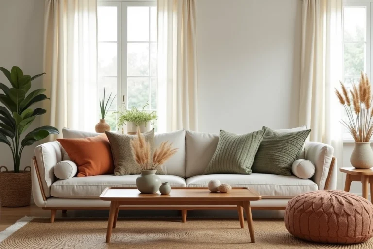 Salon scandinave décoré avec un canapé en lin, des coussins terracotta et sauge, une table basse en noyer et un vase en céramique avec herbes de la pampa