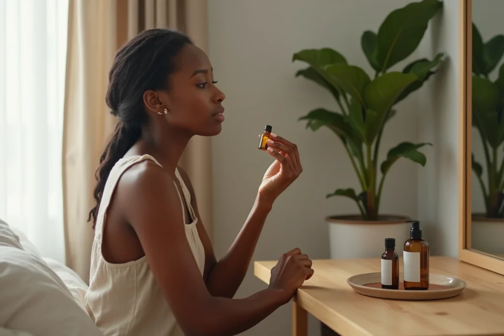 Jeune femme appliquant un sérum minimaliste sur sa peau saine devant une coiffeuse épurée, routine beauté naturelle skinimalisme