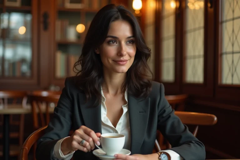 Actrice française élégante dans un café parisien vintage, portrait éditorial en style naturel