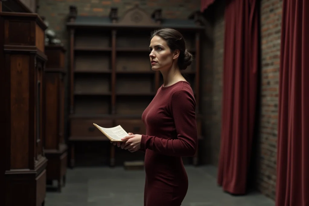 Actrice de théâtre française en coulisses tenant un script, portrait artistique au cadre dramatique