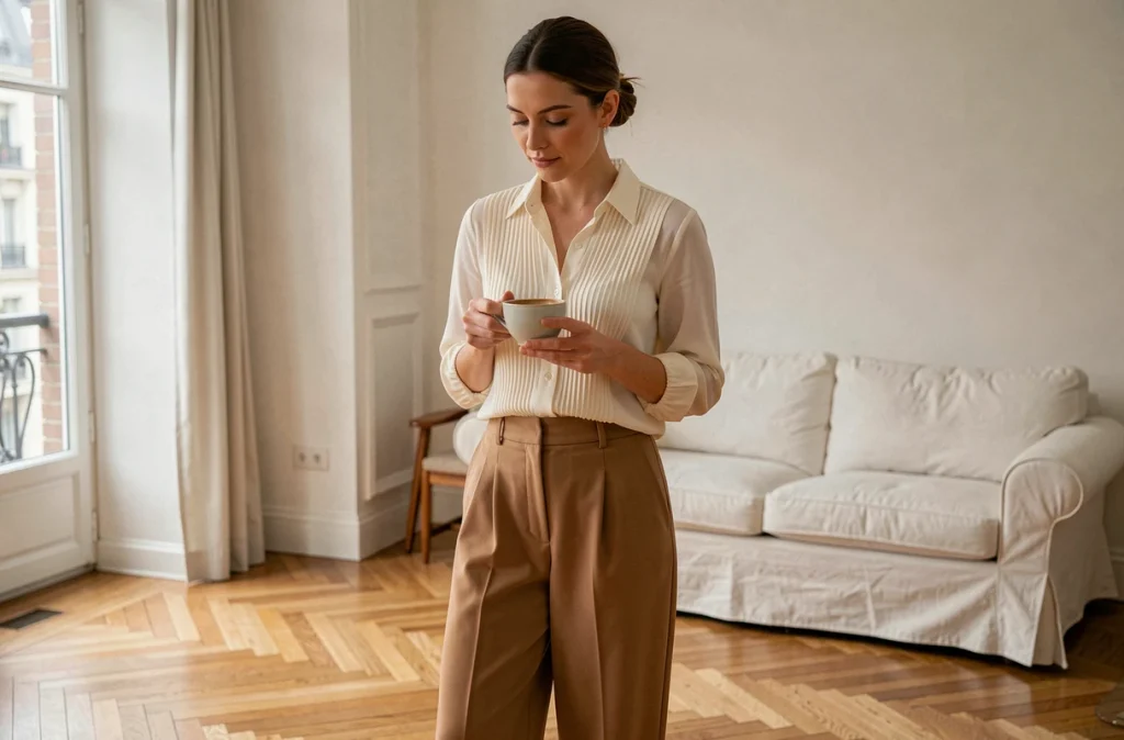 Femme élégante et pudique en tenue chic du quotidien dans un appartement parisien