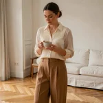 Femme élégante et pudique en tenue chic du quotidien dans un appartement parisien