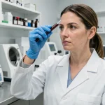 Technicienne de laboratoire d'analyses médicales tenant un tube de sang dans un labo moderne, idéal pour choisir un labo de biologie médicale au Cannet des Maures