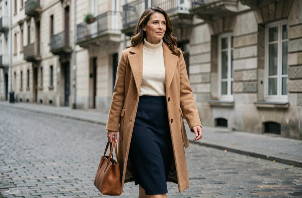 Femme portant un manteau camel et une jupe midi dans une rue pavée européenne, style élégant et discret