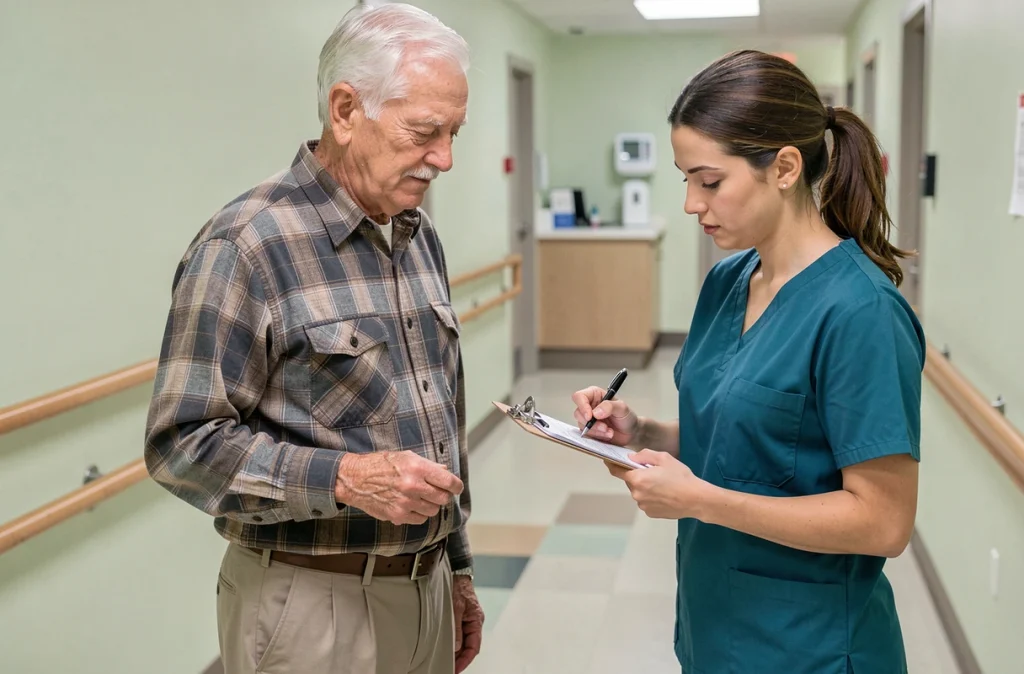 Patient âgé réalisant un test d'équilibre de Tinetti supervisé par une thérapeute dans un couloir de rééducation gériatrique