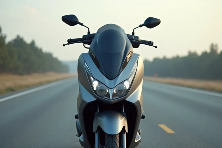 Yamaha Xmax 125 garé sur une route ouverte après rodage, vue avant 3/4 mettant en valeur le carénage et le tableau de bord