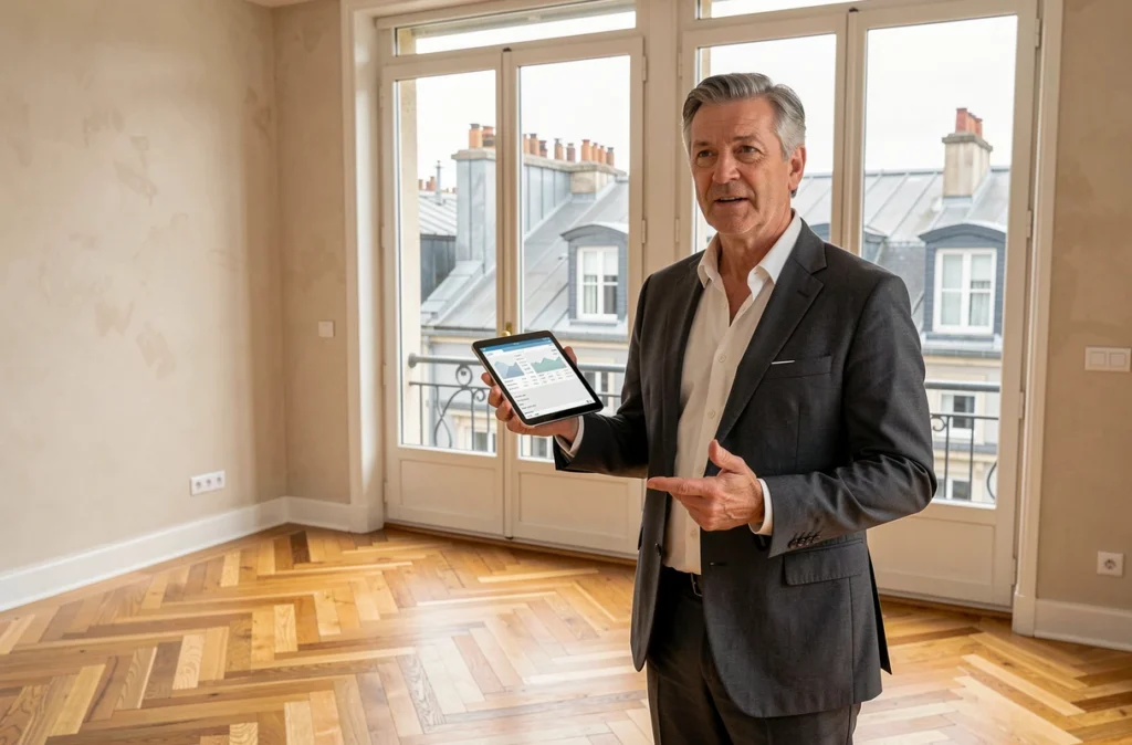 Agent immobilier présentant un appartement rénové à Paris avec vue sur les toits haussmanniens
