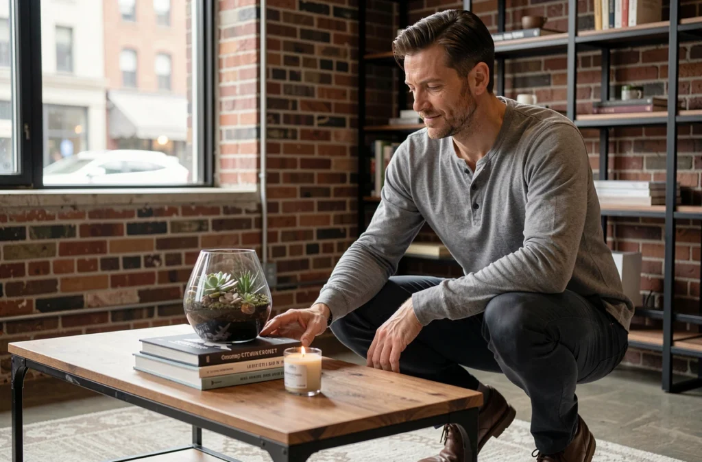 Homme disposant des livres et une bougie sur une table basse dans un appartement urbain avec murs en briques apparentes