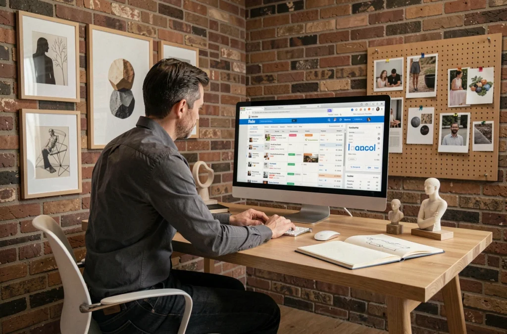 Artiste contemporain planifiant sa stratégie de marketing digital depuis son atelier créatif