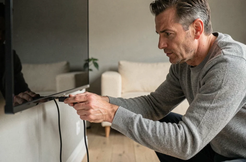 Homme branchant un câble HDMI derrière un téléviseur moderne pour configurer l'IPTV dans un salon contemporain