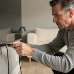 Homme branchant un câble HDMI derrière un téléviseur moderne pour configurer l'IPTV dans un salon contemporain