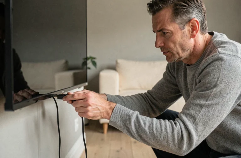 Homme branchant un câble HDMI derrière un téléviseur moderne pour configurer l'IPTV dans un salon contemporain