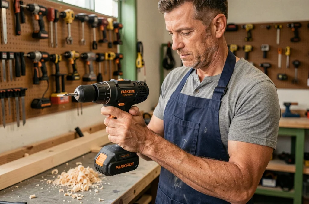 Bricoleur tenant une perceuse sans fil PARKSIDE Performance dans un atelier bien équipé