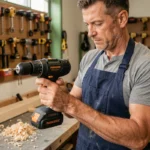 Bricoleur tenant une perceuse sans fil PARKSIDE Performance dans un atelier bien équipé