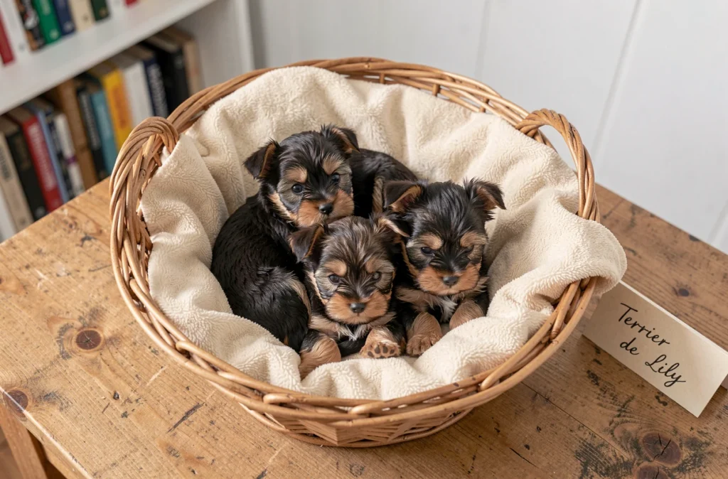 Trois chiots Yorkshire Terrier blottis dans un panier en osier dans un élevage familial soigné