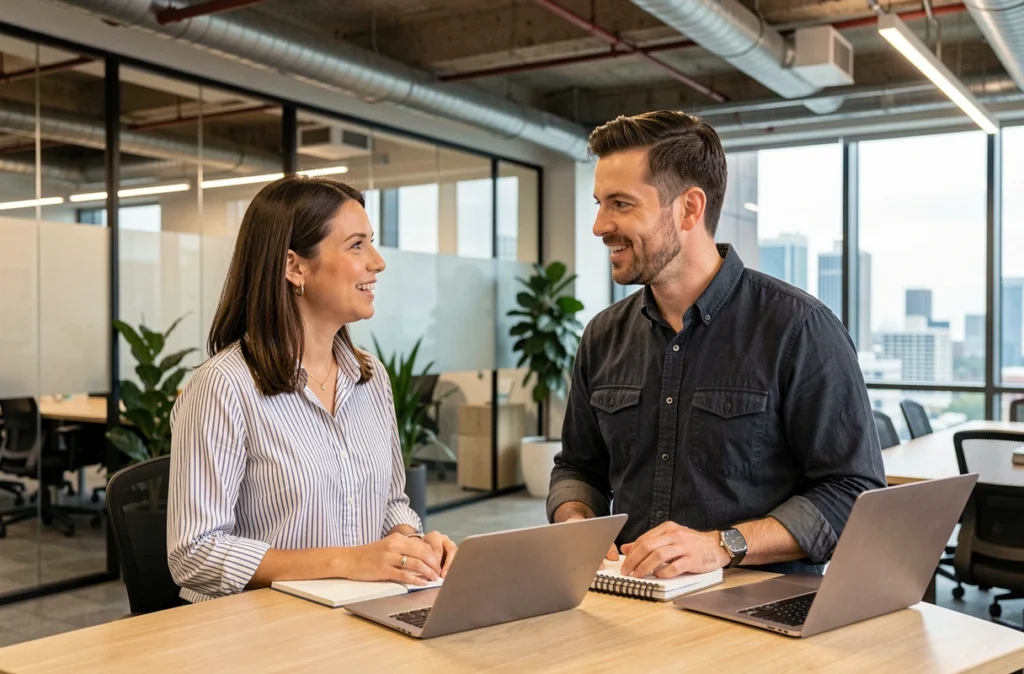 Deux collègues en discussion professionnelle dans un espace de coworking moderne situé entre deux grandes villes, symbolisant les opportunités de réseau