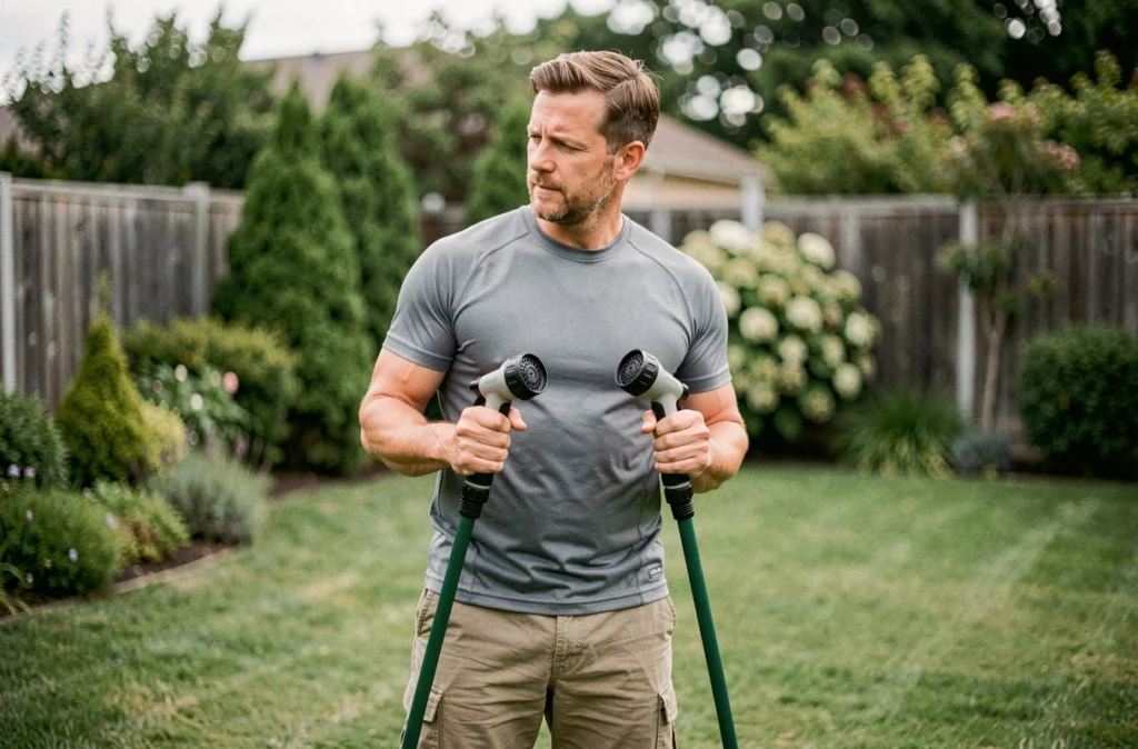 Homme comparant deux embouts d'arrosage différents dans un jardin résidentiel