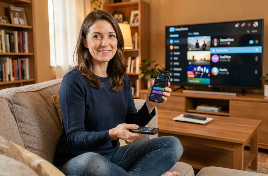 Femme configurant une application IPTV sur sa télévision intelligente avec une télécommande et un smartphone dans les mains