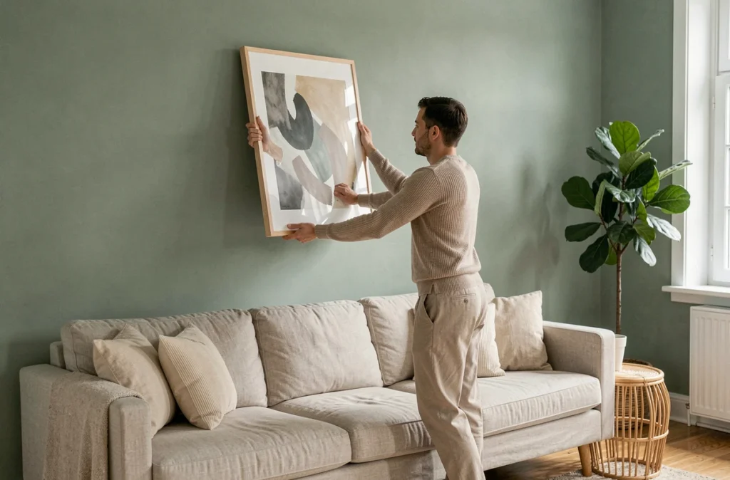 Couple accrochant un tableau abstrait encadré sur un mur vert sauge dans un salon lumineux et décoré avec soin
