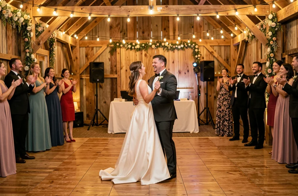 Couple de mariés dansant joyeusement sur la piste de danse animée par un DJ lors d'un mariage champêtre
