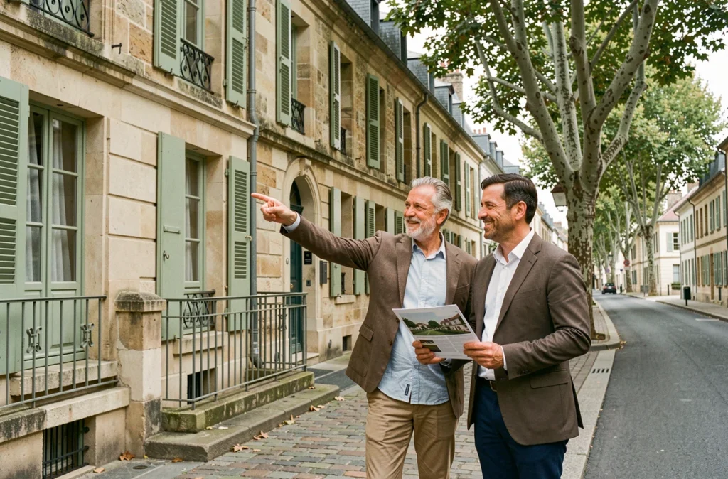 Couple visitant une maison en pierre française lors d'un projet d'investissement immobilier en province