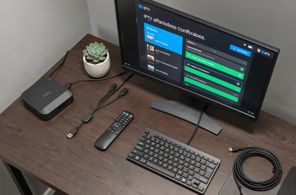 Décodeur IPTV Android avec télécommande, câble ethernet et écran affichant le menu de configuration sur un bureau en bois