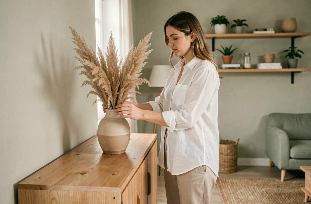 Femme arrangeant des herbes de pampa dans un vase en céramique sur un meuble en bois dans un salon scandinave épuré