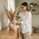 Femme arrangeant des herbes de pampa dans un vase en céramique sur un meuble en bois dans un salon scandinave épuré