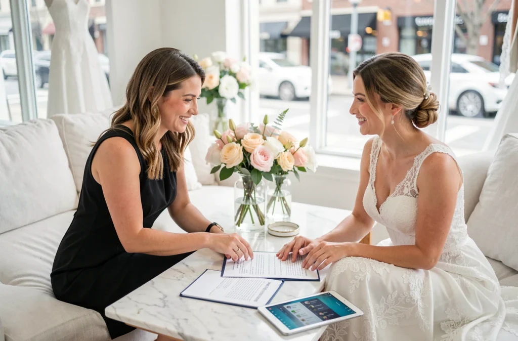 DJ féminine en réunion de planification musicale avec une mariée dans un salon de boutique nuptiale moderne