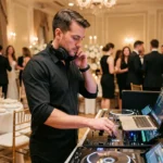 DJ professionnel à sa console lors d'une réception de mariage élégante en salle de réception décorée