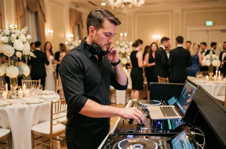 DJ professionnel à sa console lors d'une réception de mariage élégante en salle de réception décorée