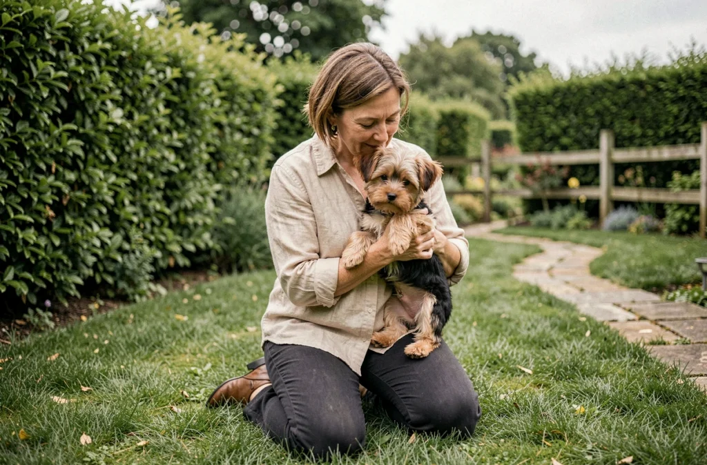 Éleveuse tenant tendrement un chiot Yorkshire Terrier dans un jardin verdoyant et soigné