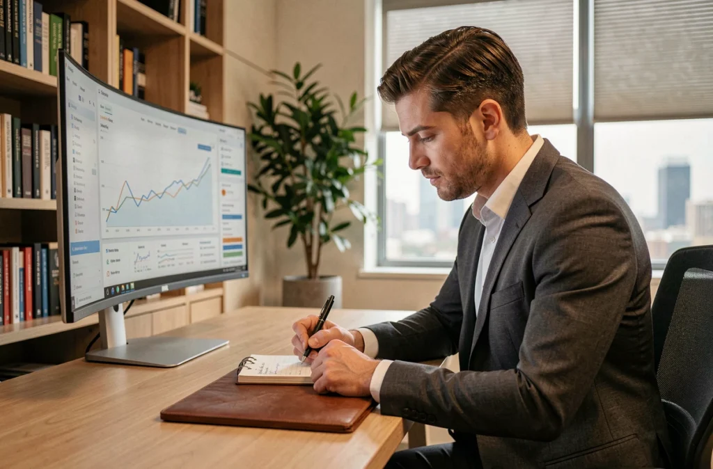 Entrepreneur concentré analysant des indicateurs de performance sur un grand écran dans un bureau exécutif moderne, stratégie de croissance d'entreprise 2024