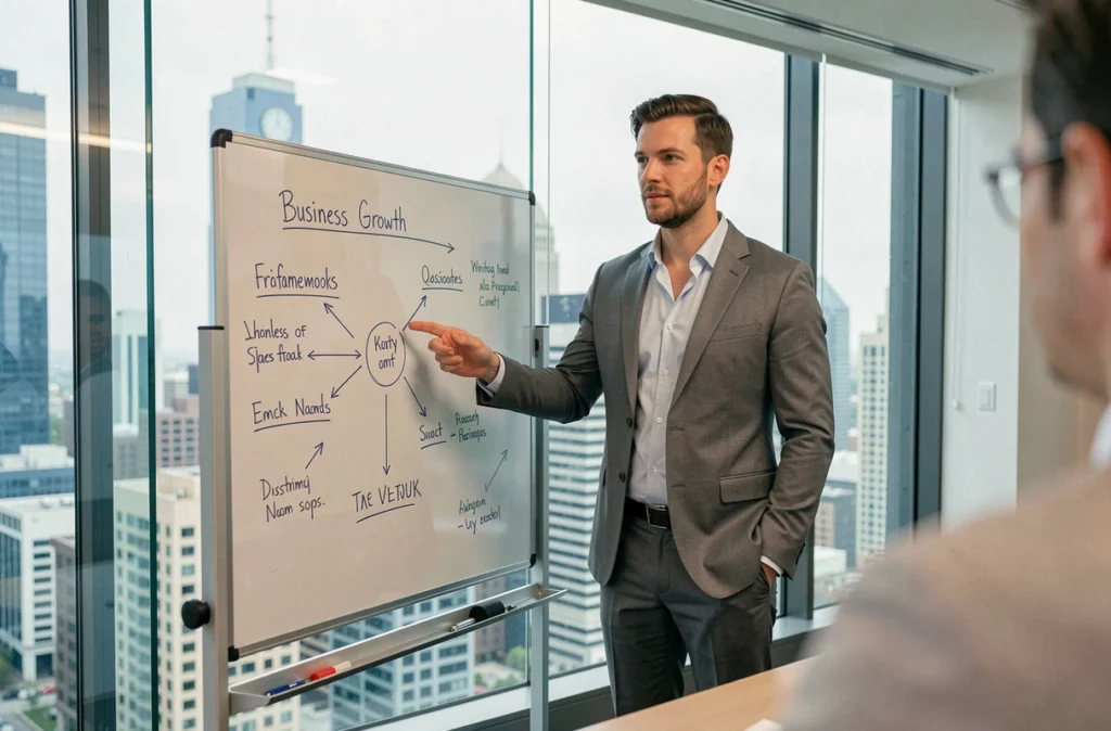 Entrepreneur masculin présentant un plan de croissance business sur un tableau blanc dans une salle de réunion moderne avec vue sur la ville