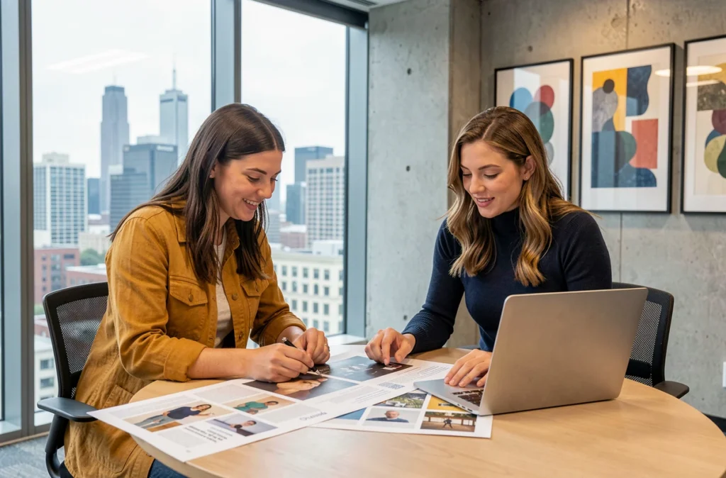 Deux professionnelles du marketing digital collaborant sur une campagne pour un artiste contemporain