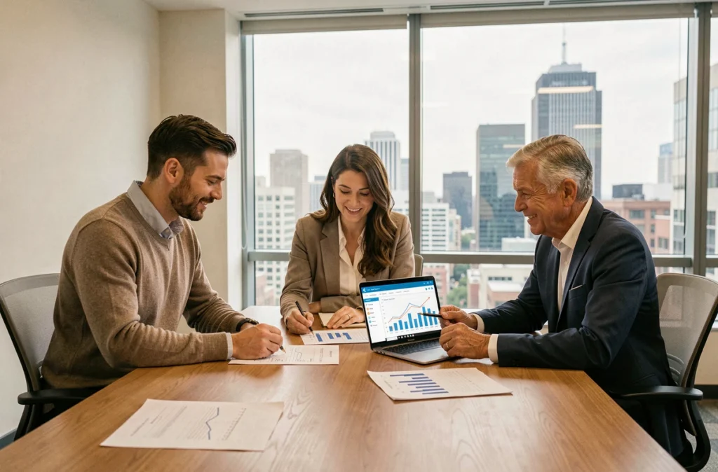 Équipe de professionnels en réunion analysant des graphiques de croissance et des tableaux de bord de performance pour booster leur entreprise en 2024