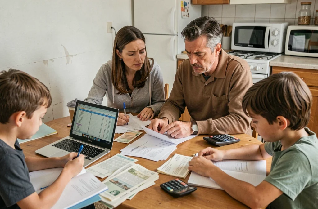 Famille française gérant son budget dans un appartement modeste, illustration des difficultés économiques