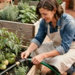 Femme jardinant avec un système d'arrosage goutte-à-goutte dans un potager surélevé en bois