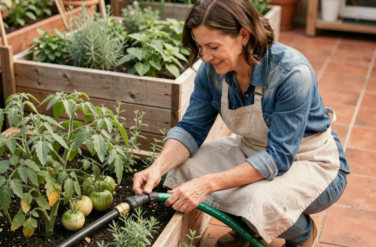 Femme jardinant avec un système d'arrosage goutte-à-goutte dans un potager surélevé en bois