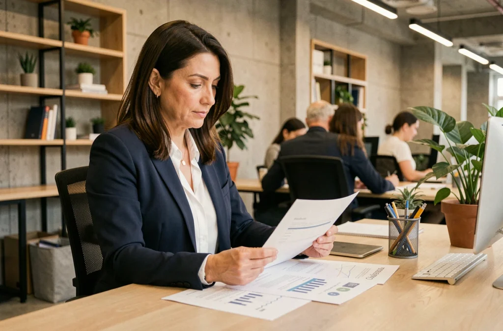 Femme entrepreneur en blazer marine analysant une stratégie business dans un espace de co-working moderne