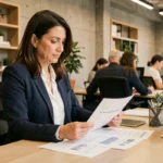 Femme entrepreneur en blazer marine analysant une stratégie business dans un espace de co-working moderne