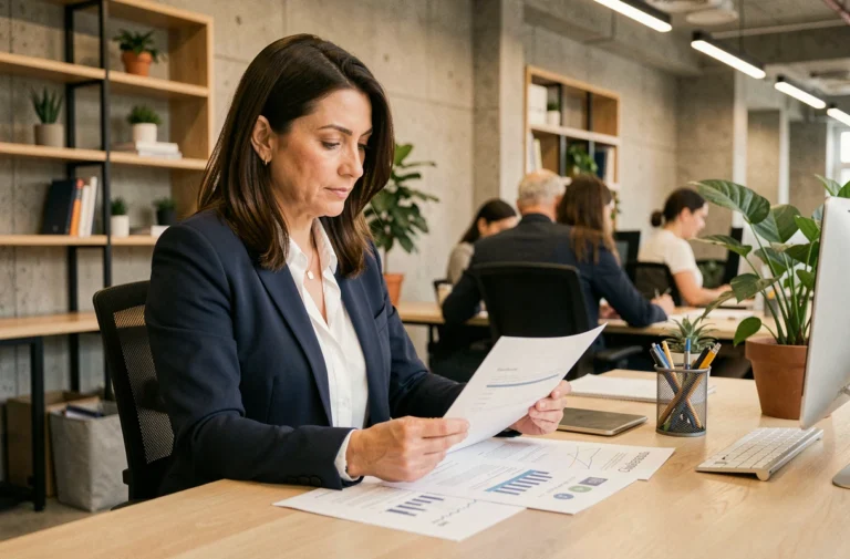 Femme entrepreneur en blazer marine analysant une stratégie business dans un espace de co-working moderne