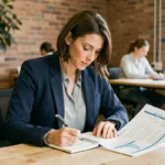 Femme professionnelle prenant des notes lors d'une formation en co-working pour booster sa carrière